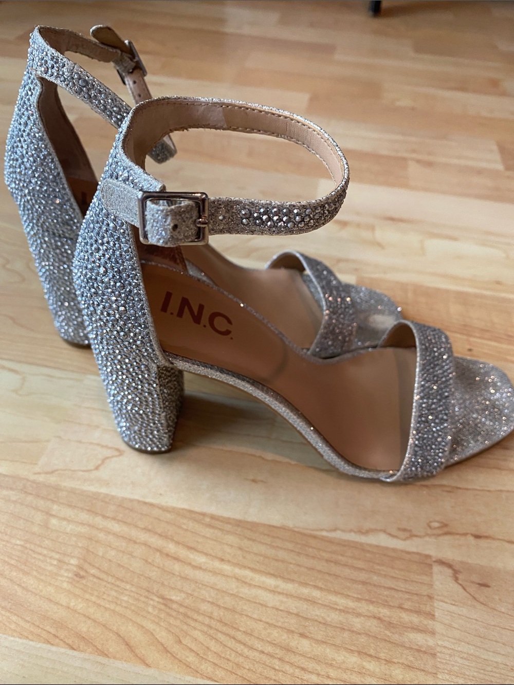 INC Glittery Silver Block Heel Ankle-Strap Sandals